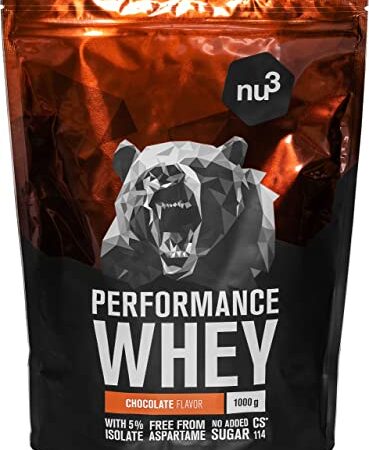 nu3 Performance Whey Protein Chocolate 1 kg - Polvere Proteica con Proteine del Siero del Latte Buona Solubilità - 71,8% Proteine - 22,3% BCAA - CS 114 Senza Aspartame - Gusto Cioccolato