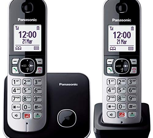 Panasonic KX-TG6852JTB Telefono Cordless DECT Doppio (Twin Pack), Schermo LCD 1.8", Base Design Sottile e Compatto, Stazione Ricarica Aggiuntiva Inclusa, Nero