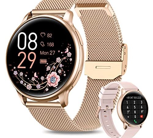 RUXINGX Smartwatch Donna Chiamata Bluetooth e Risposta Vivavoce, Smart Watch con Lettore Musicale Cardiofrequenzimetro SpO2 Sonno Calorie 19 Modalità Sport Notifiche Messaggi per Android/iOS Oro Rosa