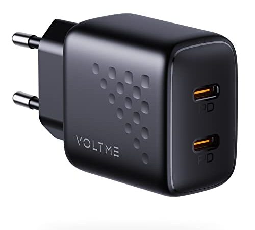 VOLTME Caricatore USB C Multiplo 20W 2-Porte Nero, Caricabatterie da Parete PD3.0 & PPS, Caricatore Compatibile con iPhone 14/13 USB-C Alimentatore per Cellulari Galaxy/Xiaomi e altri dispositivi