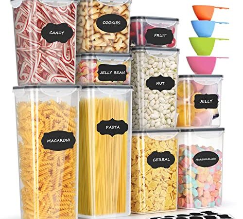 WayEee Contenitori Alimentari per Cereali Set 10 pezzi, Barattoli Ermetici per Alimenti Set Cucina Contenitori per Alimenti Plastica con Misurino Senza BPA Conservazione per Pasta, Muesli,Riso,Farina