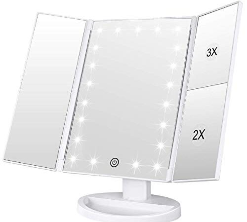 WEILY Specchio di Vanity Trifold dello specchio di trucco illuminato con l'ingrandimento di 1X/2X/3X, le notti naturali del LED, lo schermo di tocco, lo specchio caricabile (Bianco)