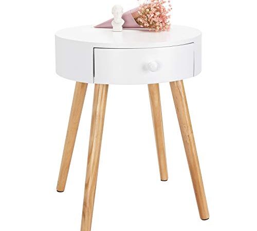 WOLTU TS51ws-1 Comodino Rotondo con Cassetto Organizzatore da Letto Tavolino da Salotto in Legno Bianco 38 cm