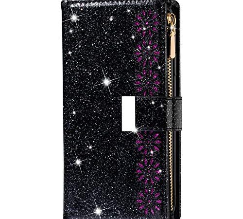 Xifanzi Brillantini Cover per Samsung Galaxy Note 8 Custodia Flip Custodia Glitter Cerniera Luccichio Double Layer Portafoglio con 9 Porta Carte Flip Chiusura per Samsung Galaxy Note 8 - Nero