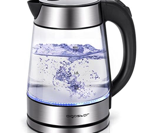 Aigostar Chubby - Bollitore Acqua Elettrico in Vetro Borosilicato con LED, 1.7L, 2200W Teiera Elettrica, Filtro Rimovibile, Spegnimento automatico, Base Rotazione a 360° in Acciaio Inox. Senza BPA