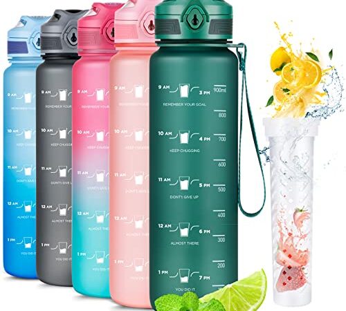 Bobicon Bottiglia Acqua, 1000ml Bottiglia d'Acqua, Plastica Borracce in Tritan Senza-BPA, con Filtro, Prova di Perdite, per Bici, Scuola, alestraper