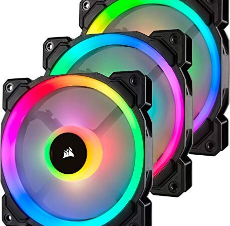 Corsair LL120 RGB, Doppio Anello di illuminazione con LED RGB, Ventole PWM da 120mm in Confezione Tripla con controller Lighting Node PRO(16 LED RGB Indipendenti, Velocità da 600 a 1.500 RPM) Nero
