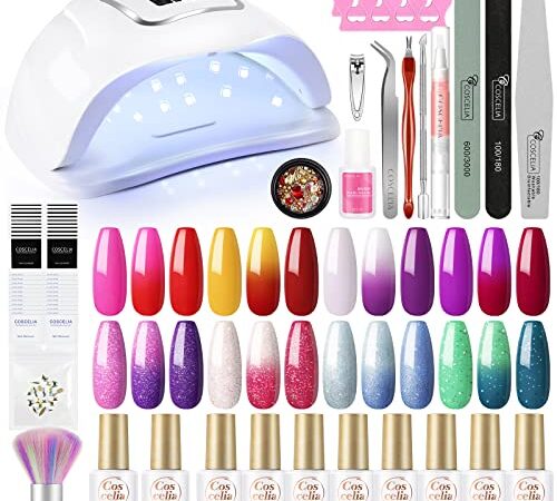 Coscelia Kit Semipermanente Unghie Cambia Colore 8 Colori con 110W LED+UV Unghia Lampada,8pz Smalti Semipermanenti Cambia Colore Gel con Base Coat Top Coat Gel, e gli Strumenti Completo per Salone