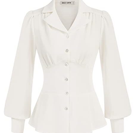 GRACE KARIN Camicia Donna Elegante Tinta Unita con Bottoni a Manica Lunga da Cerimonia da Sposa Bianco S