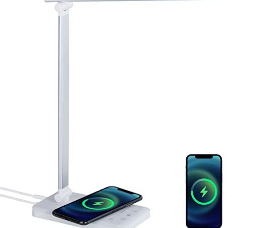 Lampada da Scrivania a LED con Ricarica Wireless e Porta di USB, Lampada da Tavolo Pieghevole per Protezione Degli Occhi per Comodino, Ufficio, con Funzioni Touch Control, Dimmerabile, Tempismo