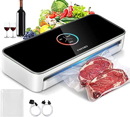 Macchina Sottovuoto Alimenti FRESKO, 8 in 1 Sottovuoto Alimenti con Modalità Secchi che Umidi, -85KPa Super Aspirazione, Automatica Sigillatore Sottovuoto con 20 Sacchetti Sottovuoto, Pannelli LED(V3)