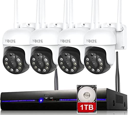 REIGY 3MP Sistema di Sicurezza WIF Esterno con 1TB HDD, Kit Videosorveglianza NVR +4x 1296P Videocamera(4 PTCAM), Telecamera Sorveglianza con Visione Notturna Colori, Audio Bidirezionale, IP66