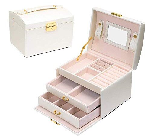 Scatola di Gioielli Set Scatola Porta Gioielli Beauty Case di immagazzinaggio di immagazzinaggio di cosmetico a Tre Strati con Specchio e Serratura,Scatola con Specchio Scatola anello,Regalo Femminile