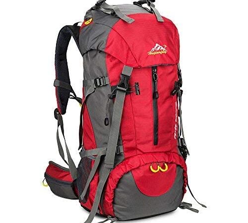 SKYSPER 50L Zaino da Treking, Zaino Impermeabile con Copertura della Pioggia per Viaggio Trekking Escursione Rosso