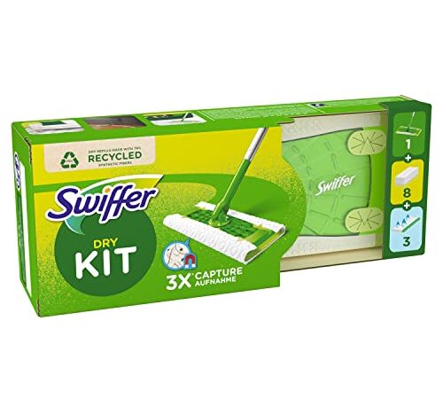 Swiffer Lavapavimenti, 1 Scopa E 8 Panni Microfibra Catturapolvere Dry E 3 Panni Wet, Cattura Polvere E Sporco Con I Suoi Panni In Microfibra, Lava Pavimenti Casa, Rimuove Sporco E Batteri