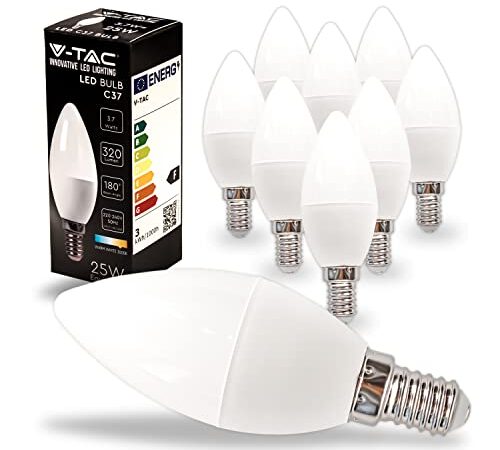 V-TAC 10x Lampadine LED Candela con Attacco E14 3,7W (Equivalenti a 25W) - Lampadine di Nuova Generazione - 320 Lumen - Massima Efficienza e Risparmio Energetico - 3000K Luce Bianca Calda