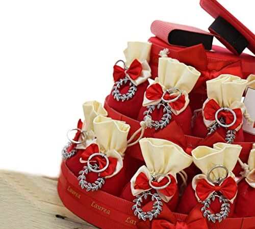 Viale Magico Torta Bomboniere Laurea, Torta Sacchetti con Portachivi Laurea, 25 Sacchetti Laurea bomboniere economiche ed Originali (Portachiavi Corona D'alloro retrò)