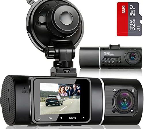 Abask Dash Cam per Auto, 1080P Dashcam Auto, Visione Notturna a Infrarossi, Sensore Movimento, Vista 310°, HDR, G-Sensor, Registrazione in Loop, Telecamera Auto con Monitor di Parcheggio 24H, Max 64G
