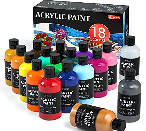 18 X 240 ml Acrilici per Dipingere,18 Bottiglie Set Pittura Acrilico Grande Volume Ricchi Pigmentati, Ideale per Artisti,Principianti e Bambini su Carta Legno Tele Tessuti Rocce Ceramica Artigianato
