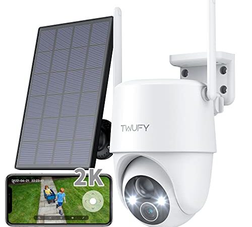 2K Telecamera Wi-Fi Esterno Senza Fili con Pannello Solare, TWUFY 360° Videocamera Sorveglianza Wireless con Visione Notturna a Colori, Allarme, Impermeabile IP65,Rilevazione Movimento PIR,2 Vie Audio