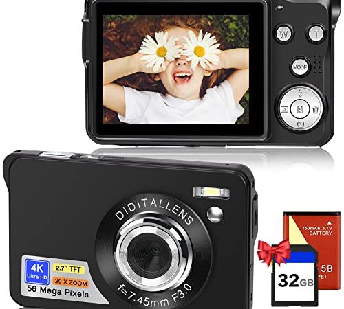 56MP 4K HD Macchina Fotografica Digitale Fotocamera Compatte Ricaricabile Zoom Digitale 20X Schermo da 2,7 Pollici Macchina Digitale Compatta con Scheda da 32GB per Bambini, Studenti,Principianti