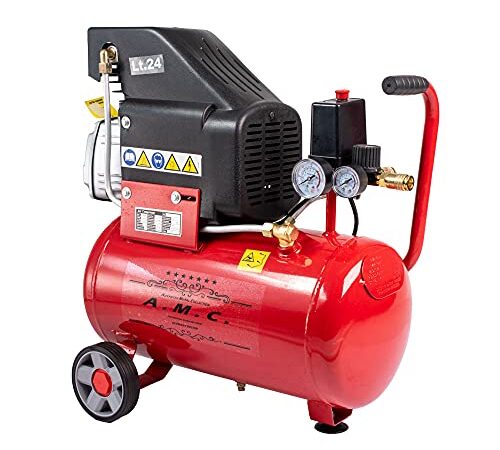 AMC Compressore aria da 25 litri pressione 8 bar elettrico coassiale 2 Hp salva spazio motore potente termicamente protetto con Carcassa esterna e cilindro in alluminio, lubrificato e silenziato