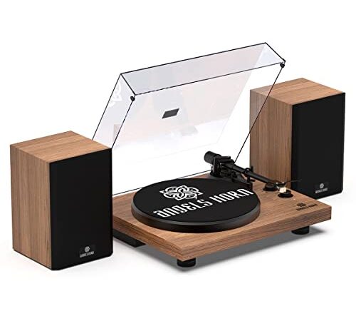 ANGELS HORN Giradischi Vinile, Giradischi Sistema HiFi Bluetooth, Vintage Lettore Vinile con Altoparlanti da Scaffale Doppi, Preamplificatore Fono Integrato e Cartuccia Magnetica AT-3600L Legno