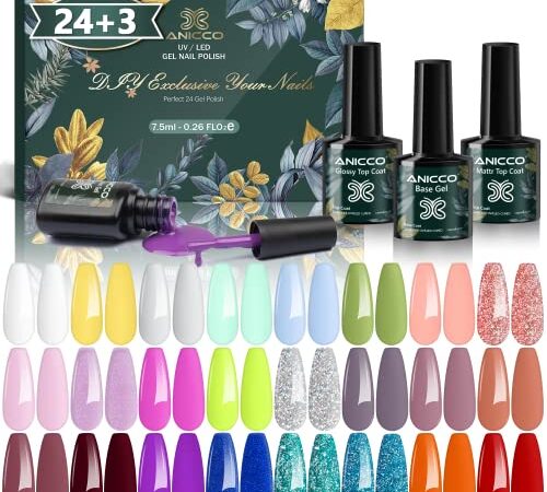 Anicco 27 Pz Smalti Semipermanenti Per Unghie - Smalto Semipermanente Per Unghie in Gel LED con Base e Top Coat, Matt Top, Popolare Bianco Nudo Neon Nero Glitter Gel Smalto per Unghie, 7.5ML