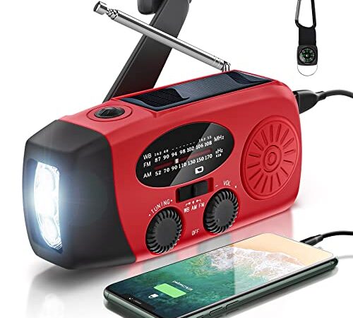 AOKBON Solare Radio di Emergenza AM FM Energia Portatile Radio Solare 2000mAh Radio Ricaricabile a Manovella con Torcia Elettrica Allarme SOS Telefono Cellulare Ricaricabile per Casa e Campeggio