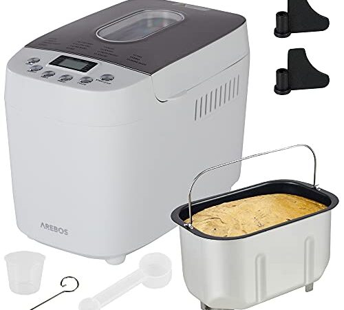 Arebos Macchina per il pane 1500 g | con 15 programmi | 2 ganci per impastare | timer | display LCD | 3 livelli di doratura e dimensioni del pane | 850 W | Bianco