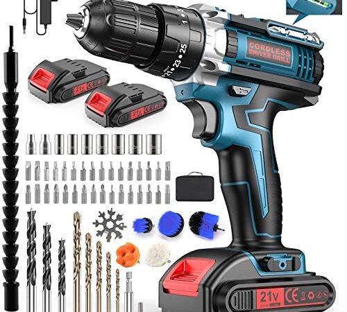 Avvitatore a batteria 21V, Trapano avvitatore batteria, avvitatore elettrico con 61 set di accessori, Spazzola a batteria con set di pulizia,Vite, Foratura, Calcestruzzo, 21V X 2 batteria