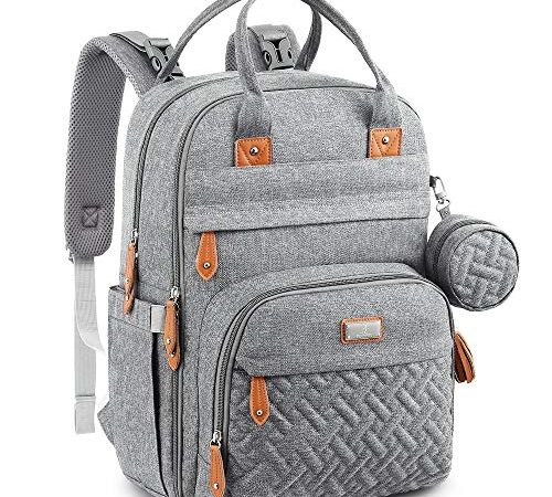 BabbleRoo Zaino Fasciatoio, Grande Capacità Zaino per il Cambio Unisex, Borsa Porta Pannolini con Materassino Fasciatoio, Cinghie per Passeggini, Tasche Isolanti Bottiglia, Tasca Ciuccio (Grigio)
