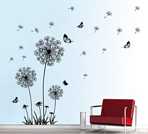 decalmile Dente di Leone Adesivi Murali Danza nel Vento Fiori Adesivi da Parete Camera da Letto Soggiorno Removibili Decorazione (Nero)