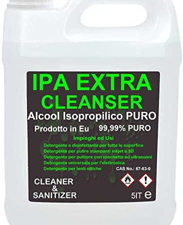 Detergente Isopropilico Ipa Puro al 99,9% Alcool 2-propanolo, isopropanolo, Alcol Isopropilico 5Lt Prodotto Multiuso, Casa, Ufficio, Elettronica, Pulizia Stampanti 3D