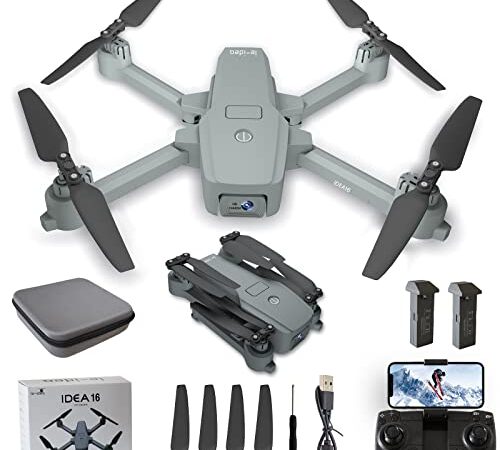 Drone con Fotocamera 4K, IDEA16 RC FPV Drones con 2 Telecamere/Posizionamento del Flusso Ottico per Principianti, Pieghevole droni 720p camera inferiore, Quadrirotore WIFI 5 GHz 2 batteria