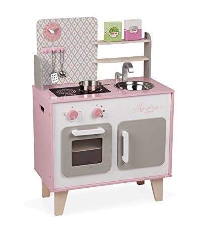 Janod - Wooden Macaron Cooker for Children - Equipped with a Fridge and a Microwave - With Sound - Pretend Play - 5 Accessories Included - For children from the Age of 3, J06567, Pink and White