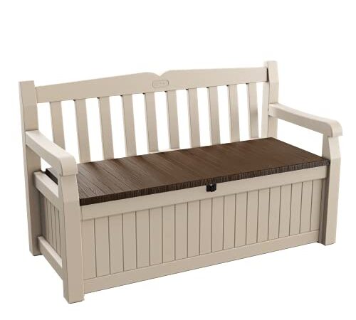 Keter Cassapanca contenitore Eden Storage Bench con Capacità di 265 Litri in Resina, Resistente agli agenti atmosferici, Colore Beige/Marrone, 140 x 60 x 84 cm