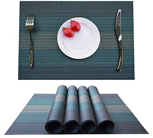 Kokako - Set di 4 tovagliette all'americana, antiscivolo, lavabili, in PVC, resistenti al calore, resistenti allo sporco e lavabili, ideali per la cucina e la tavola, Fibra sintetica, grigio/blu, 4