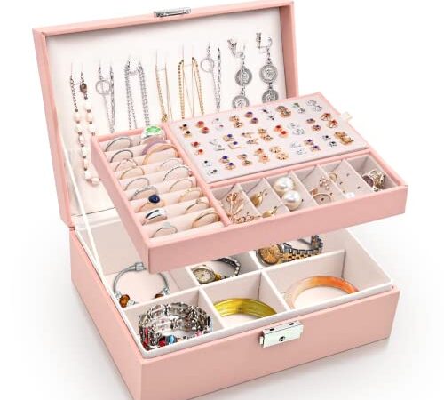 Larkumio Portagioie Donna Ragazza, Grande Porta Gioielli Bambina in Pelle PU a 2 Strati Scatole Portagioielli Cofanetto per Collane, Orecchini, Bracciali (Rosa)