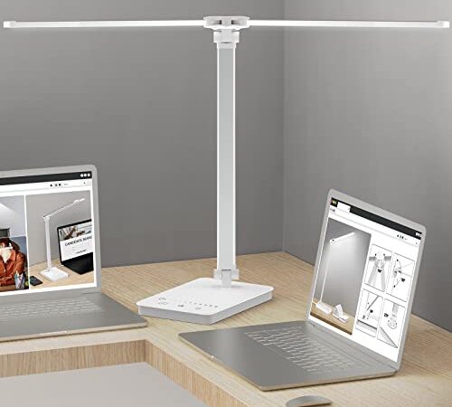 Mefine Lampada da Scrivania a Led, Luce da Scrivania con Doppia Testa, Lampada da Tavolo Pieghevole con 5 Modalità, 10 Livelli di Luminosità, Protezione Degli Occhi, Porta di Ricarica USB C