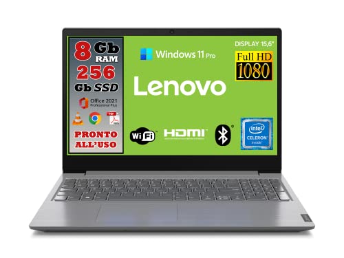 Notebook Lenovo, Display Full Hd da 15,6 Processore Intel, Ram 8gb DDR4, Ssd da 256gb, Wifii, Webcam, Bluetooth, Microsoft Office Pro 2021, Windows 11 Pro - Pronto all'uso