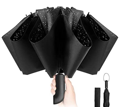 Ombrello pieghevole compatto anti-tempesta - Ombrello antivento automatico nero per uomo, rivestimento in teflon 210T, ombrello inverso da 105 cm, ombrello da pioggia grande 10 ossa Regali di Natale