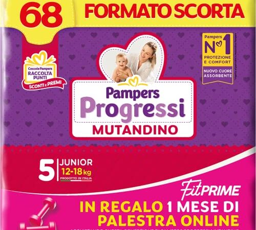 Pampers Progressi Mutandino & Fit Prime Junior, 68 Pannolini, Taglia 5 (12-18 Kg)