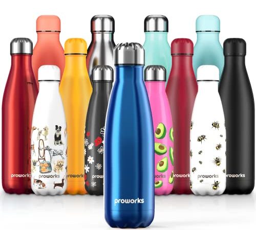 PROWORKS Bottiglia Acqua in Acciaio Inox, Senza BPA Vuoto Isolato Borraccia Termica in Metallo per Bevande Calde per 12 Ore & Fredde 24 Ore, Borraccia per Sport, Lavoro e Palestra - 1 Litre - Blu