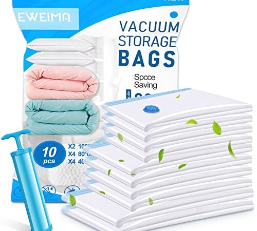 Sacchetti Sottovuoto per Vestiti, EWEIMA 10 Pezzi 3 Dimensioni Buste Sottovuoto Vestiti con Doppia Cerniera e Tripla Valvola di Tenuta, Riutilizzabili per piumoni, Lenzuola, Cuscini, Vestiti