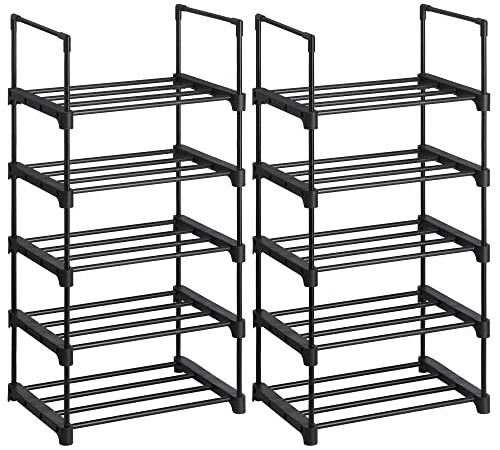 SONGMICS Scarpiera a 5 Ripiani, Set di 2, Scaffale Portascarpe in Metallo, Impilabile e Salvaspazio, Scaffale Portaoggetti, Ingresso Soggiorno Camera, Nero LSA055B02