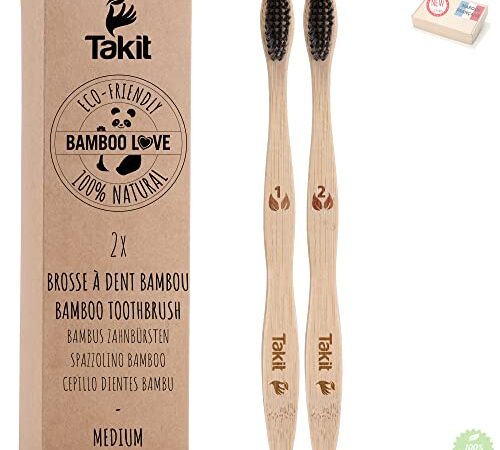 TAKIT Spazzolino Bamboo x2 - Setole Medie Con Carbone Vegetale Infuso - Biologico - Ecologico E Biodegradabile Al 100%