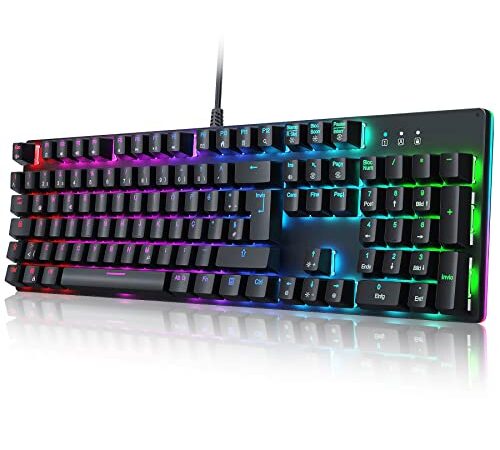 Tastiera Gaming Meccanica, 105 Tasti Retroilluminati RGB, Layout Italiano QWERTY, Switch Blu Tastiera da Gioco, Tasti Personalizzabili, Pannello Metallico, USB Tastiera Gaming per PC, Laptop