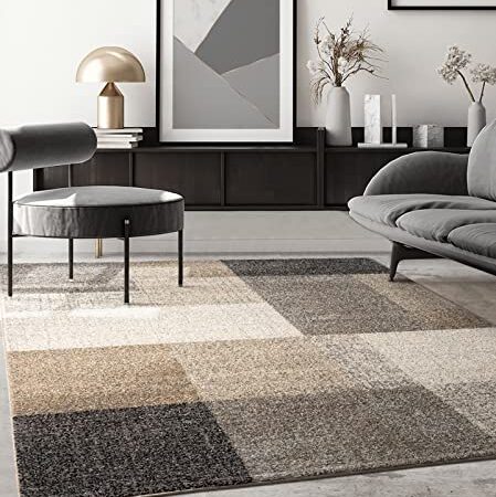 the carpet Pearl - Tappeto moderno a pelo corto, per soggiorno e camera da letto, motivo geometrico, a quadri, 80 x 140 cm, colore beige