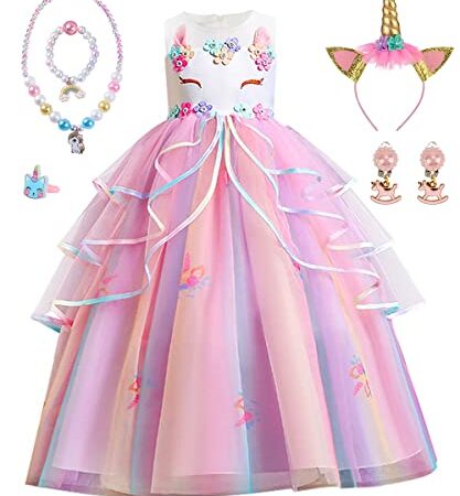 Vestito Principessa Bambina, Principessa Vestiti con Collana Set, Costume da Cosplay Unicorno Bambina Ragazza,Vestito Fantasia per Halloween Carnevale Cosplay Compleanno Natale Festa (110)